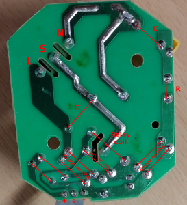 Solder side of PIR PCB with overlaid components in red